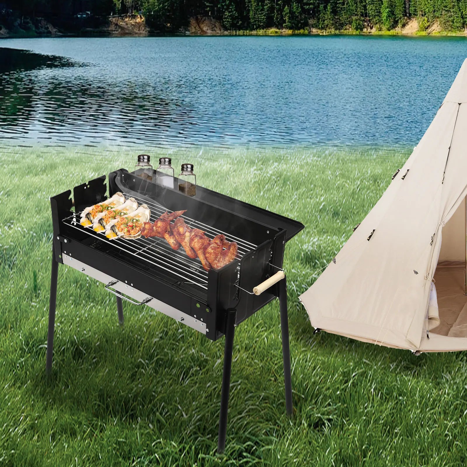 Portable Stainless Steel Folding Charcoal BBQ Grill & Tool Kit Portable Stainless Steel Folding Charcoal BBQ Grill & Tool Kit