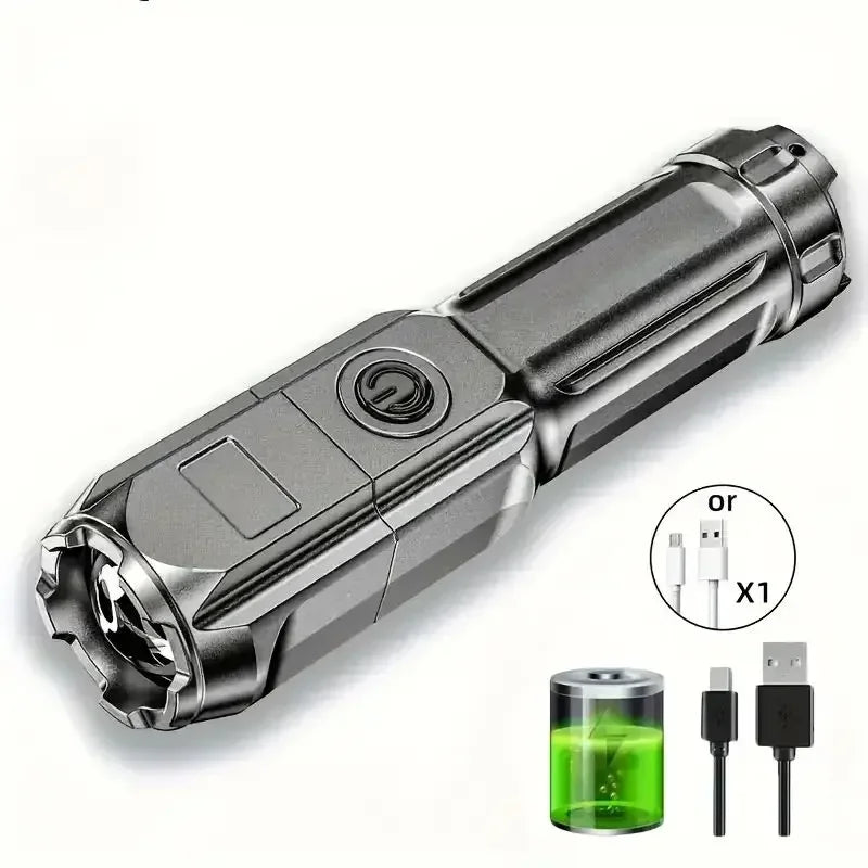 Super Bright Tactical LED Flashlight – 4 Modes, Zoomable, USB Rechargeable, Waterproof Super Bright Tactical LED Flashlight – 4 Modes, Zoomable, USB Rechargeable, Waterproof