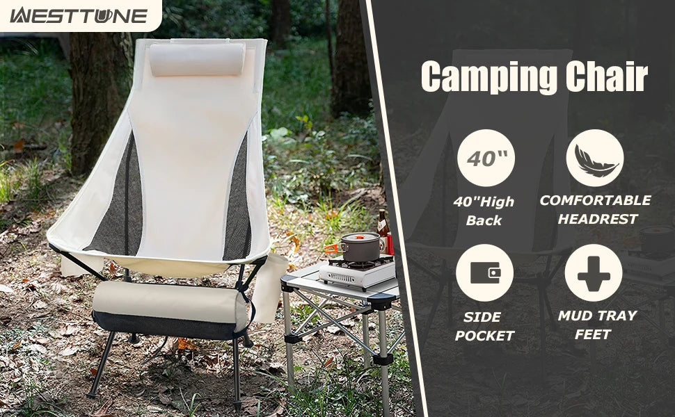 WESTTUNE Folding Camping Chair – Lightweight with Headrest & Aluminum Frame WESTTUNE Folding Camping Chair – Lightweight with Headrest & Aluminum Frame