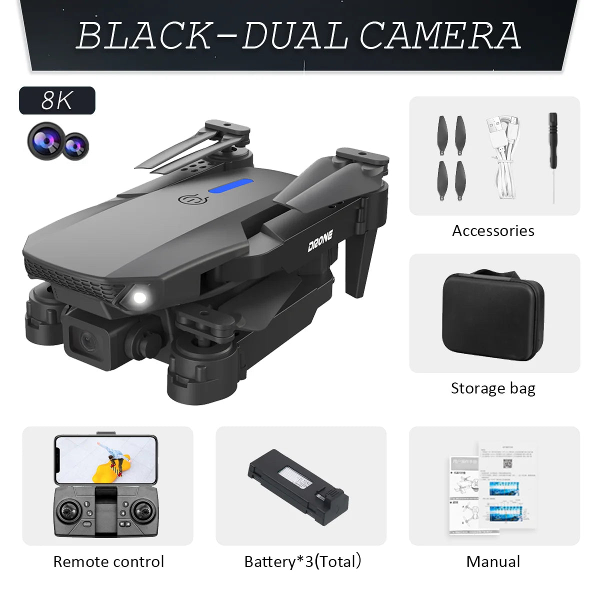 E88 Foldable Drone with 8K Dual Camera & WiFi FPV E88 Foldable Drone with 8K Dual Camera & WiFi FPV