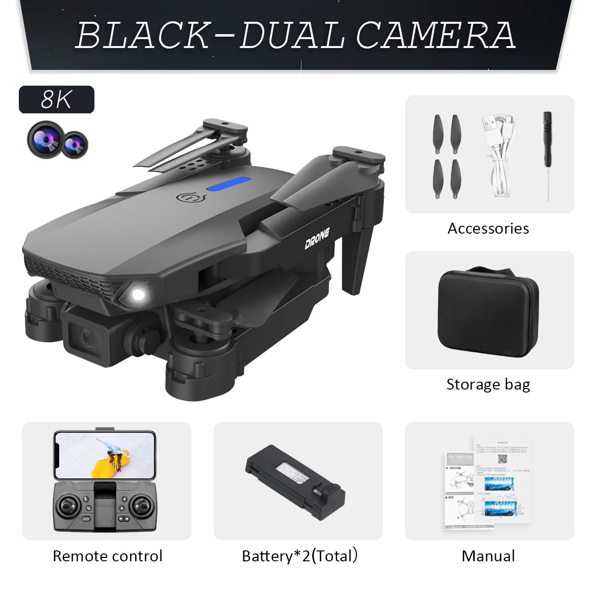 E88 Foldable Drone with 8K Dual Camera & WiFi FPV E88 Foldable Drone with 8K Dual Camera & WiFi FPV