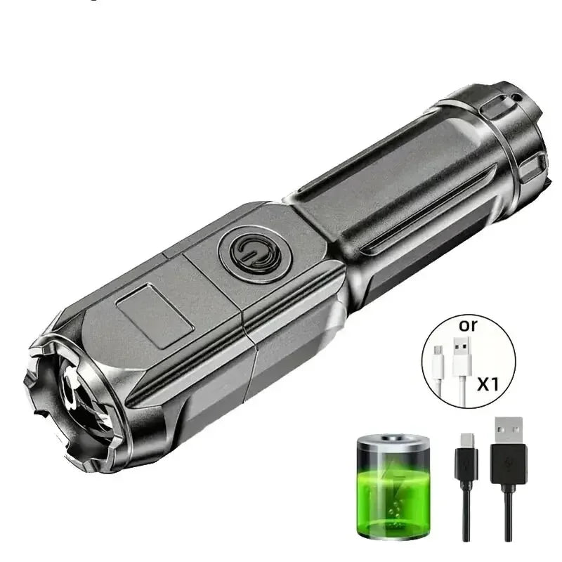 Super Bright Tactical LED Flashlight – 4 Modes, Zoomable, USB Rechargeable, Waterproof Super Bright Tactical LED Flashlight – 4 Modes, Zoomable, USB Rechargeable, Waterproof