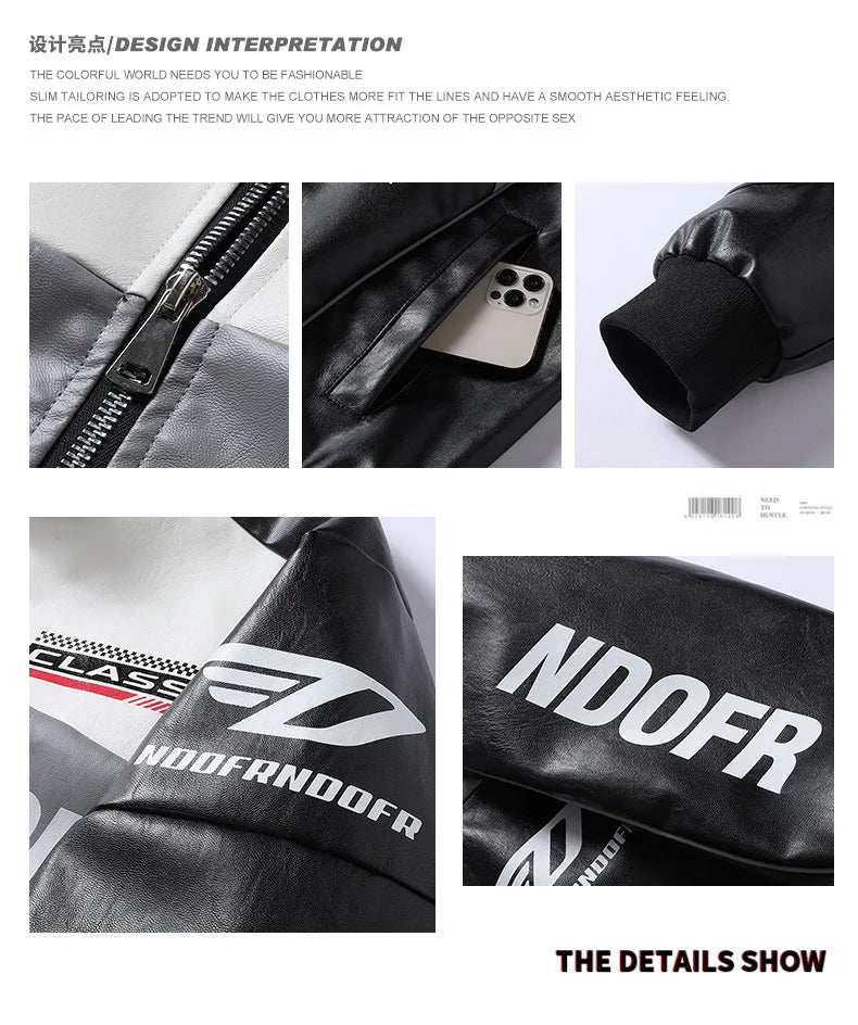 Men’s PU Leather Jacket – Stand Collar, Multi-Pocket