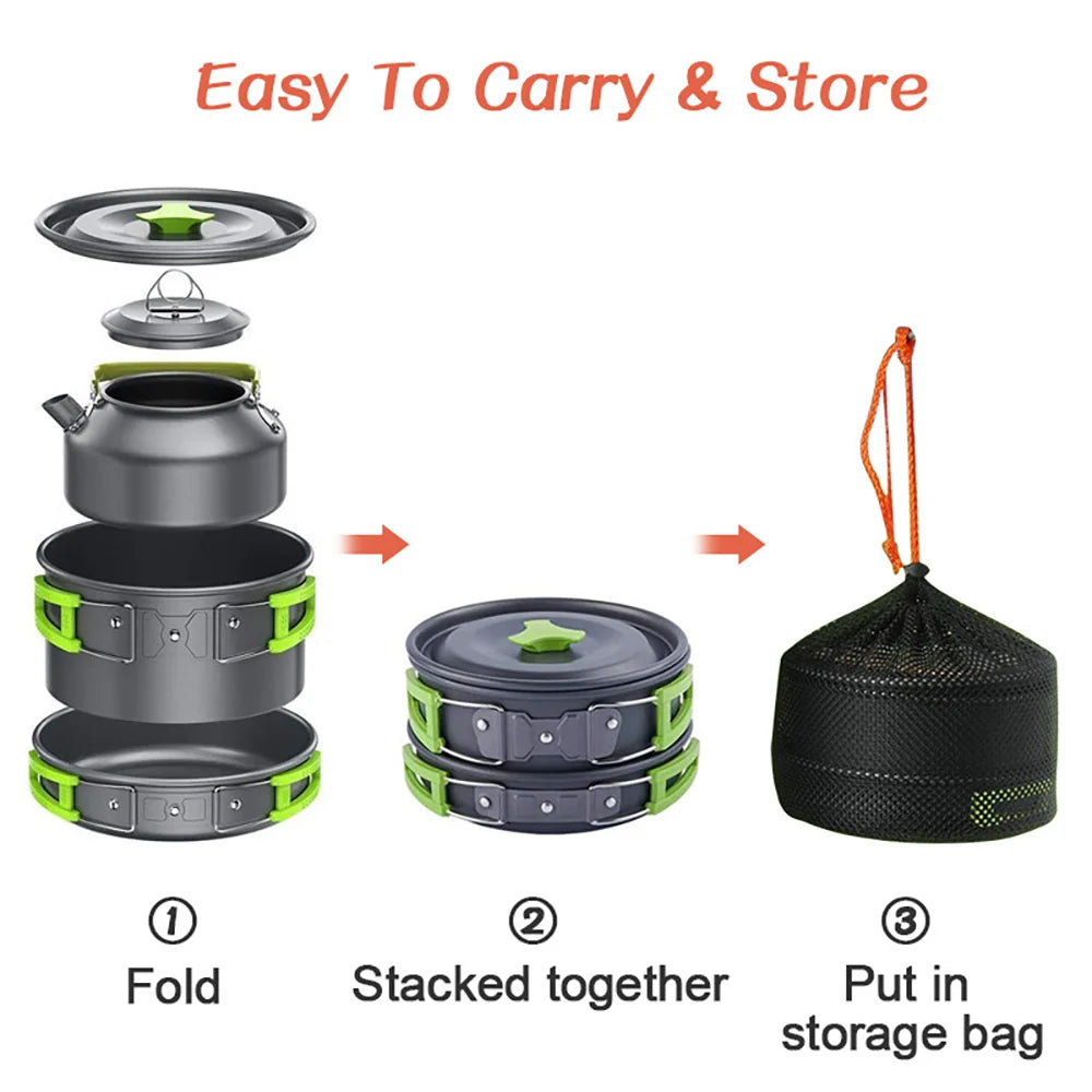 Camping Cookware Set for 2-3 People – Non-Stick Pots & Teapot