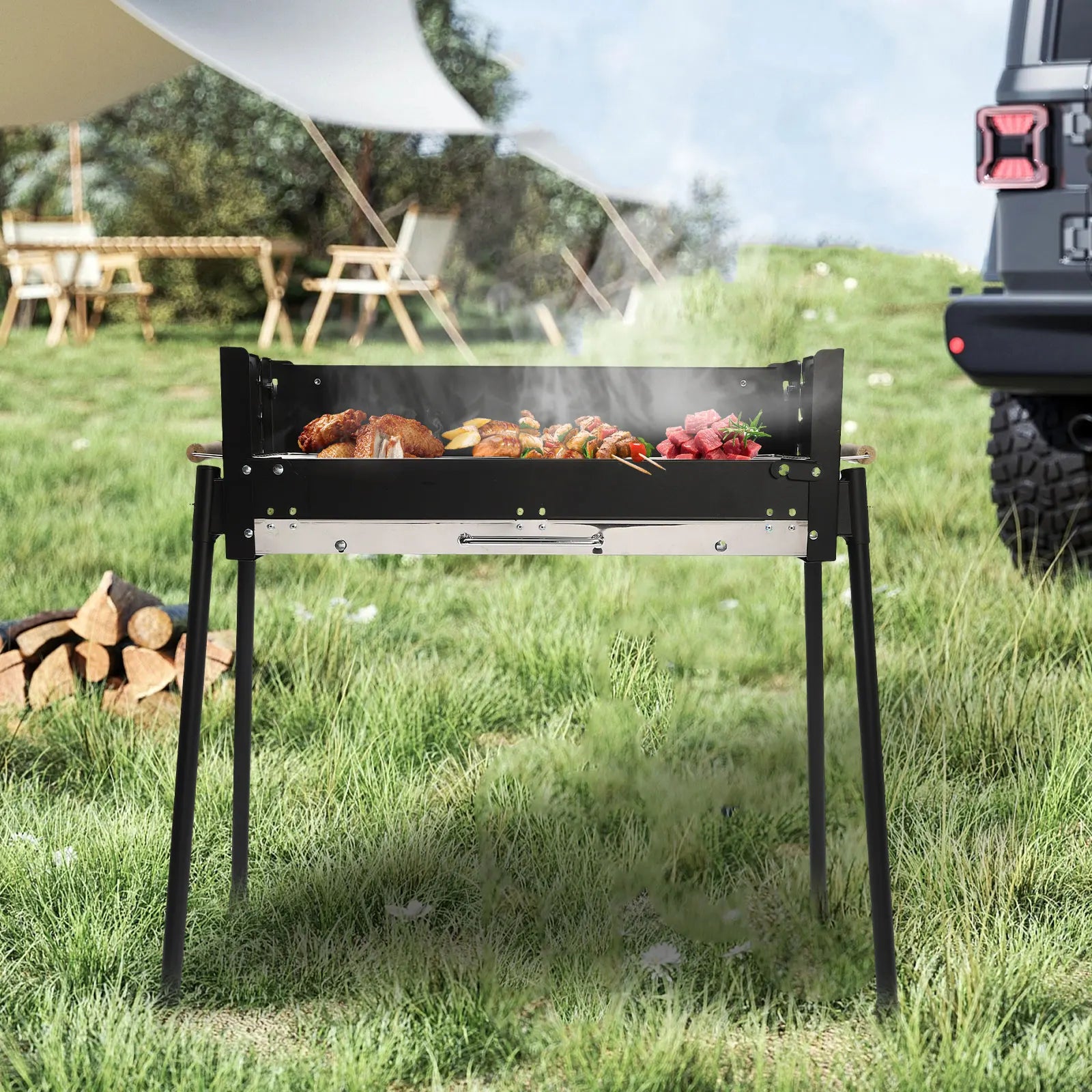 Portable Stainless Steel Folding Charcoal BBQ Grill & Tool Kit