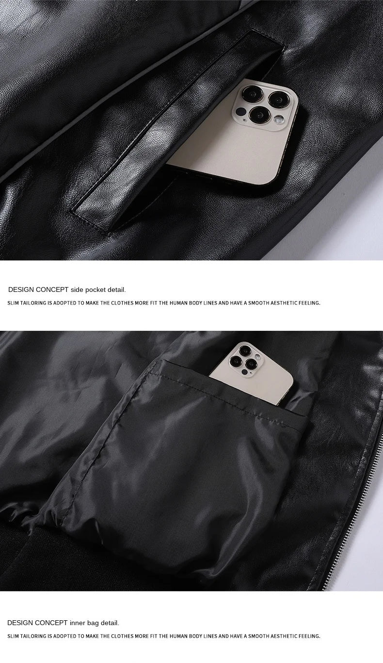 Men’s PU Leather Jacket – Stand Collar, Multi-Pocket