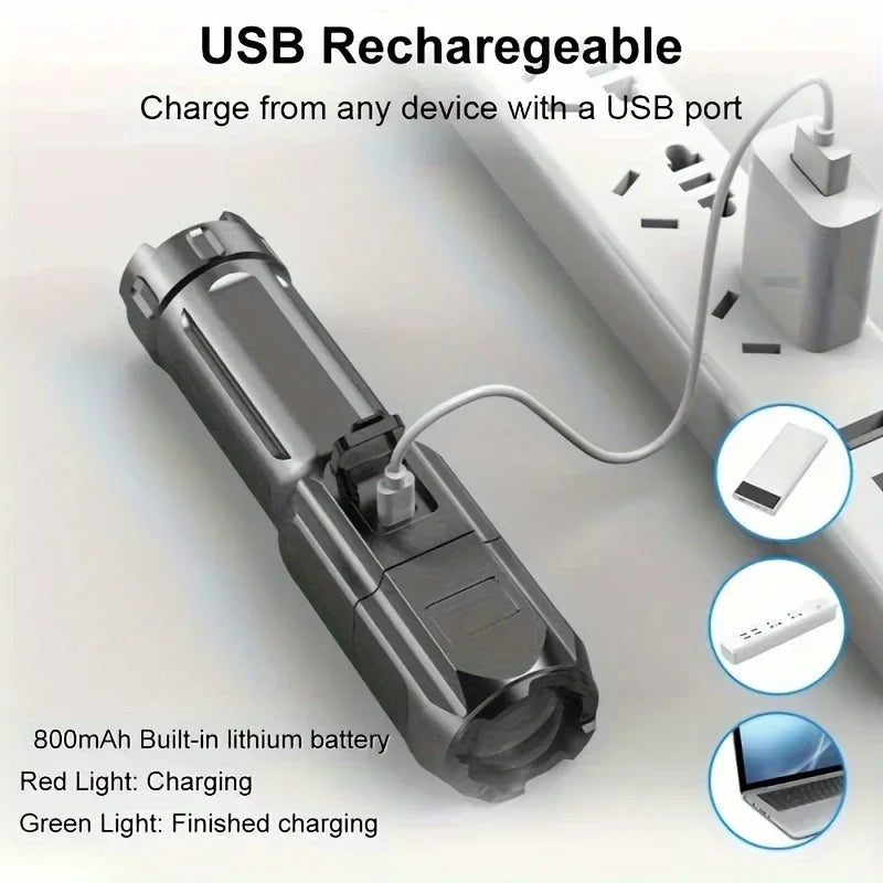 Super Bright Tactical LED Flashlight – 4 Modes, Zoomable, USB Rechargeable, Waterproof