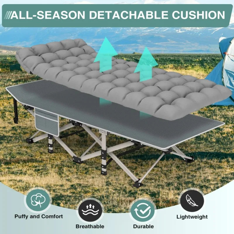 Oversized Folding Camping Cot with Mattress – 73"x28" Gray